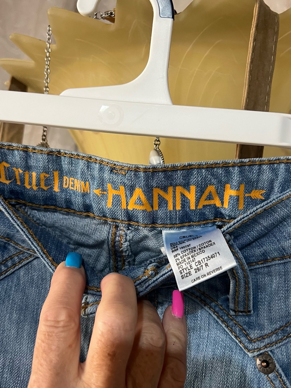 Upcycled Light Blue Flare Jeans with Horse Patch & Lace Trim - Picture 7 of 11